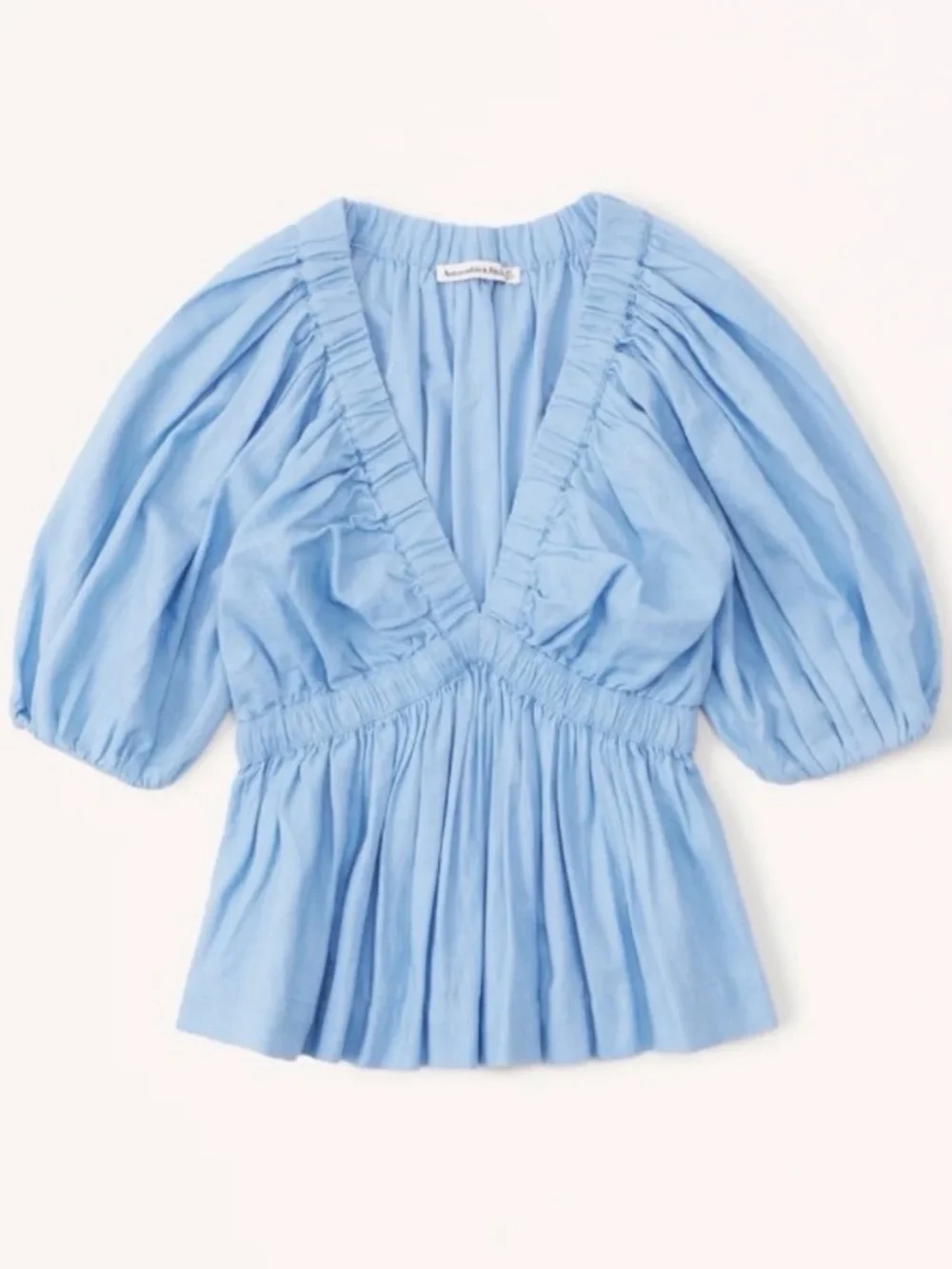 Abercrombie & Fitch Blue Puff-Sleeve Plunge V-Neck Linen Blend Peplum Top S